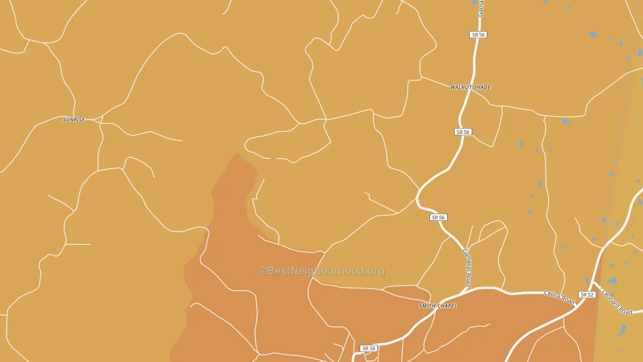 Map of the best neighborhoods in the Walnut Shade area, with better matches in green and worse matches in red