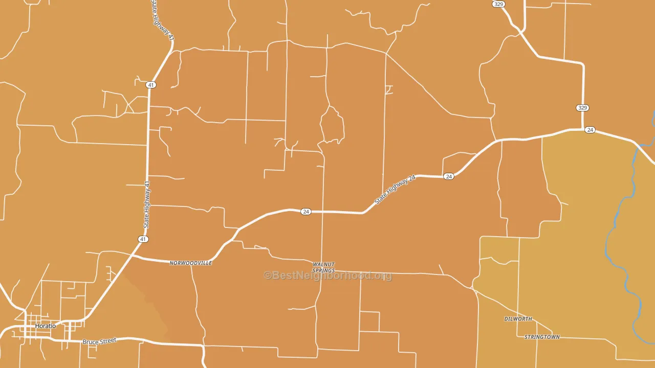 Map of the best neighborhoods in the Walnut Springs area, with better matches in green and worse matches in red