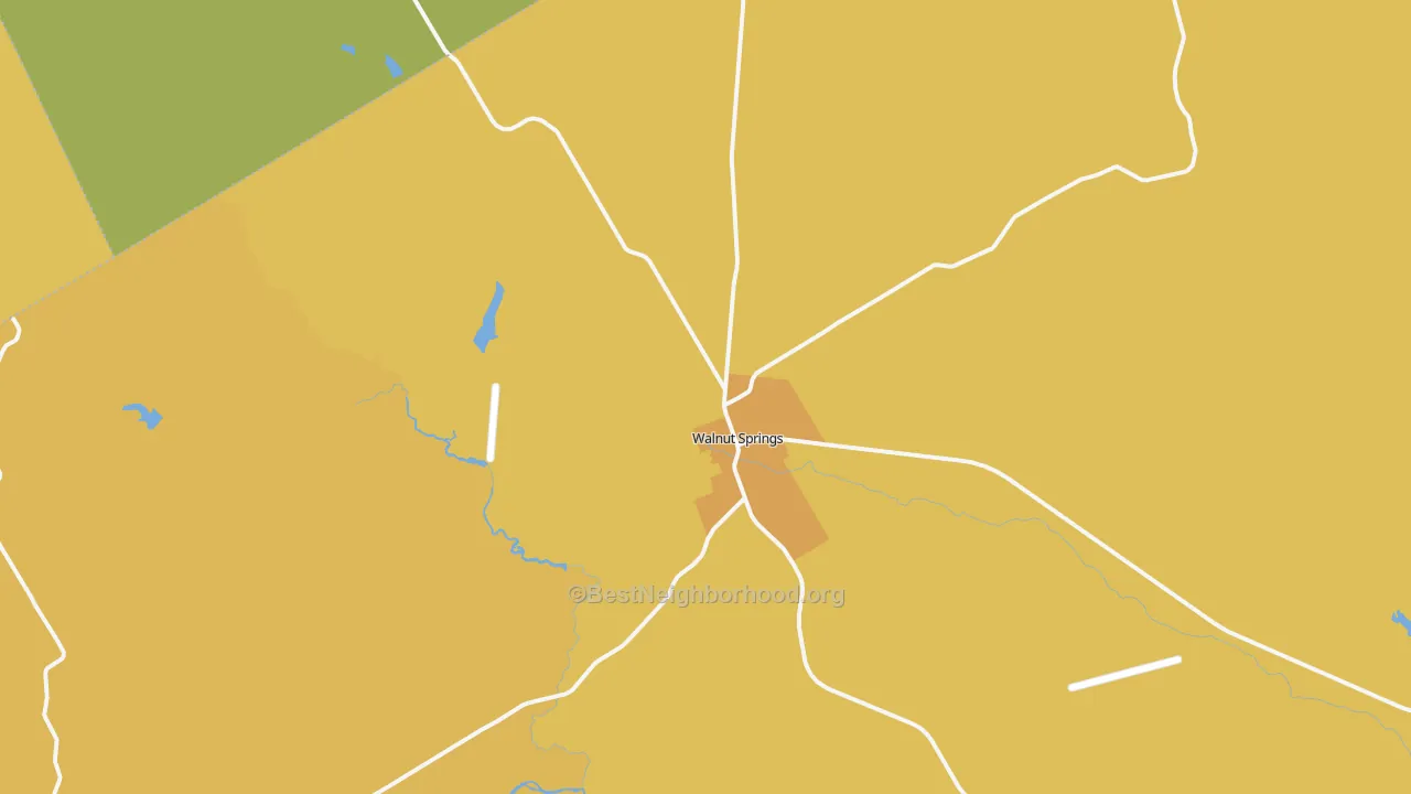 Map of the best neighborhoods in the Walnut Springs area, with better matches in green and worse matches in red