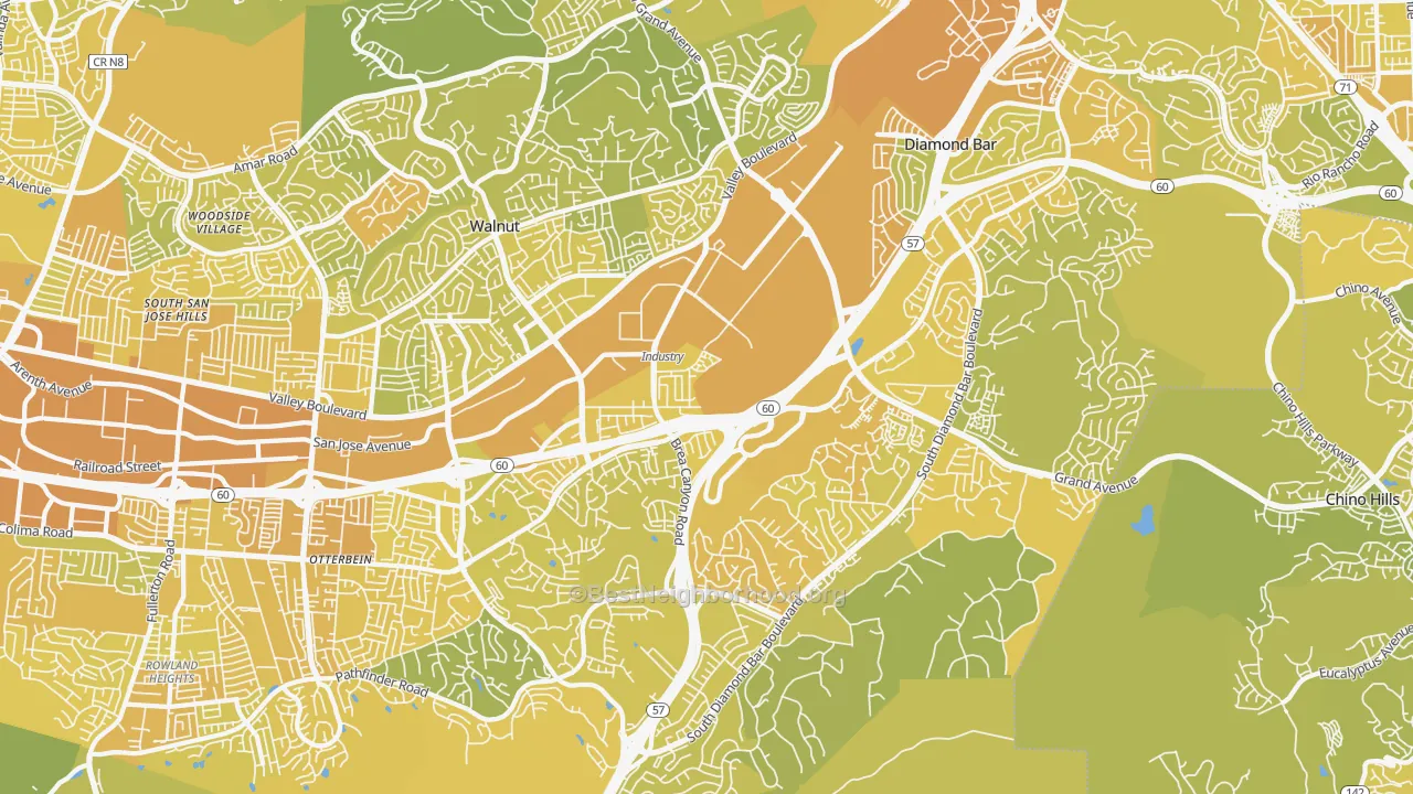 Map of the best neighborhoods in the Walnut Valley, Diamond Bar area, with better matches in green and worse matches in red