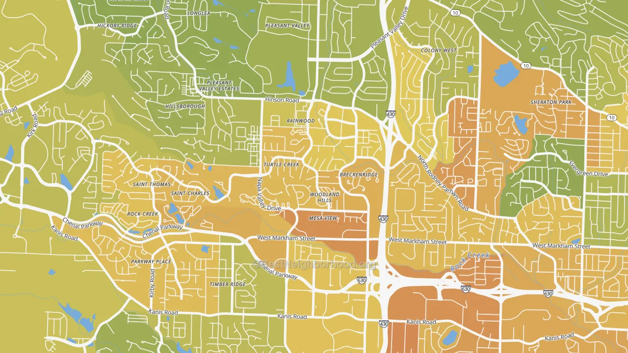 Map of the best neighborhoods in the Walnut Valley, Little Rock area, with better matches in green and worse matches in red