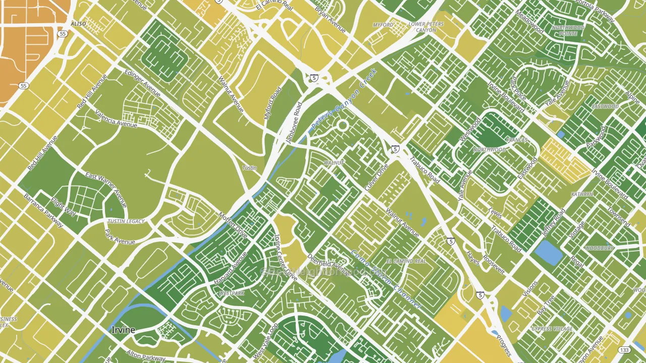Map of the best neighborhoods in the Walnut Village, Irvine area, with better matches in green and worse matches in red