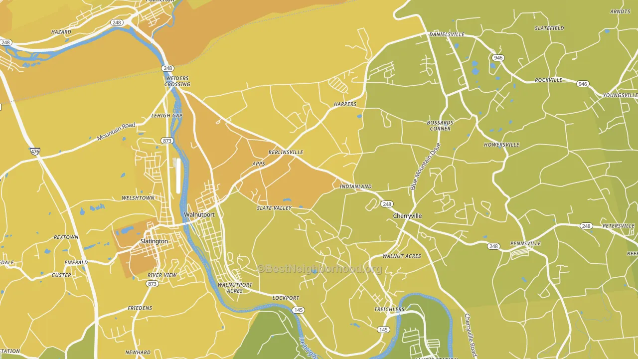 Map of the best neighborhoods in the Walnutport area, with better matches in green and worse matches in red