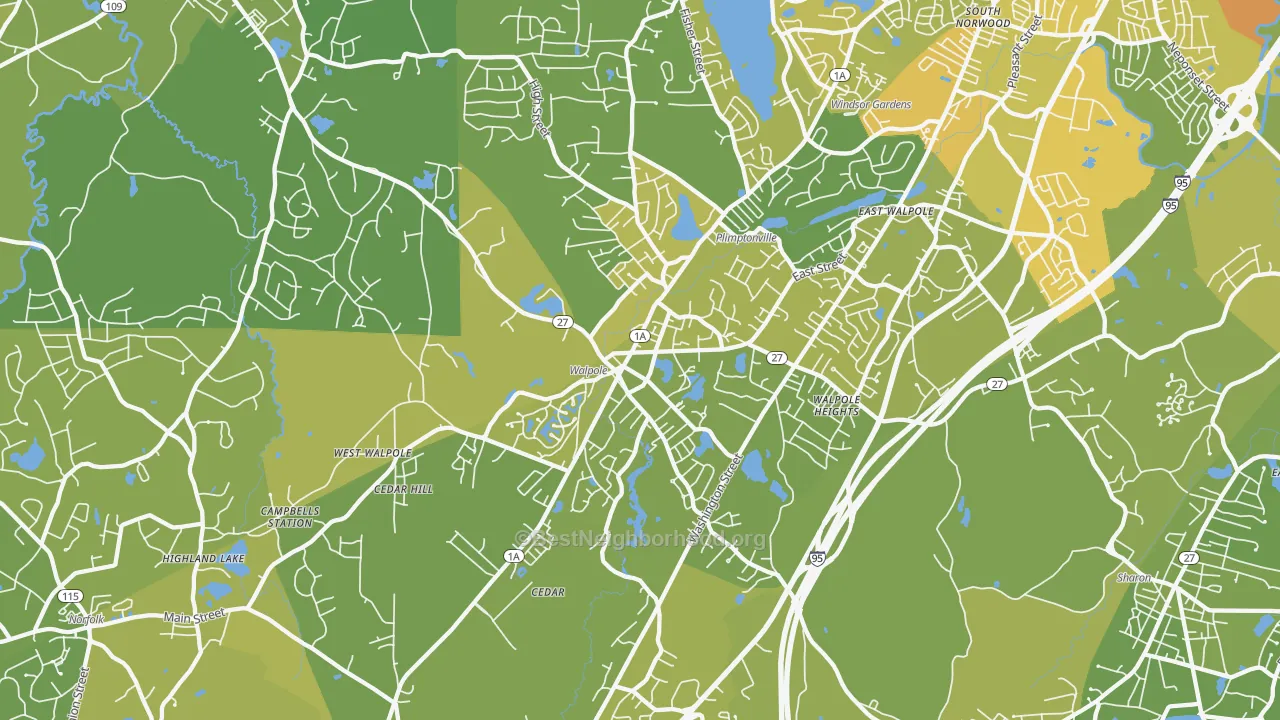 Map of the best neighborhoods in the Walpole area, with better matches in green and worse matches in red