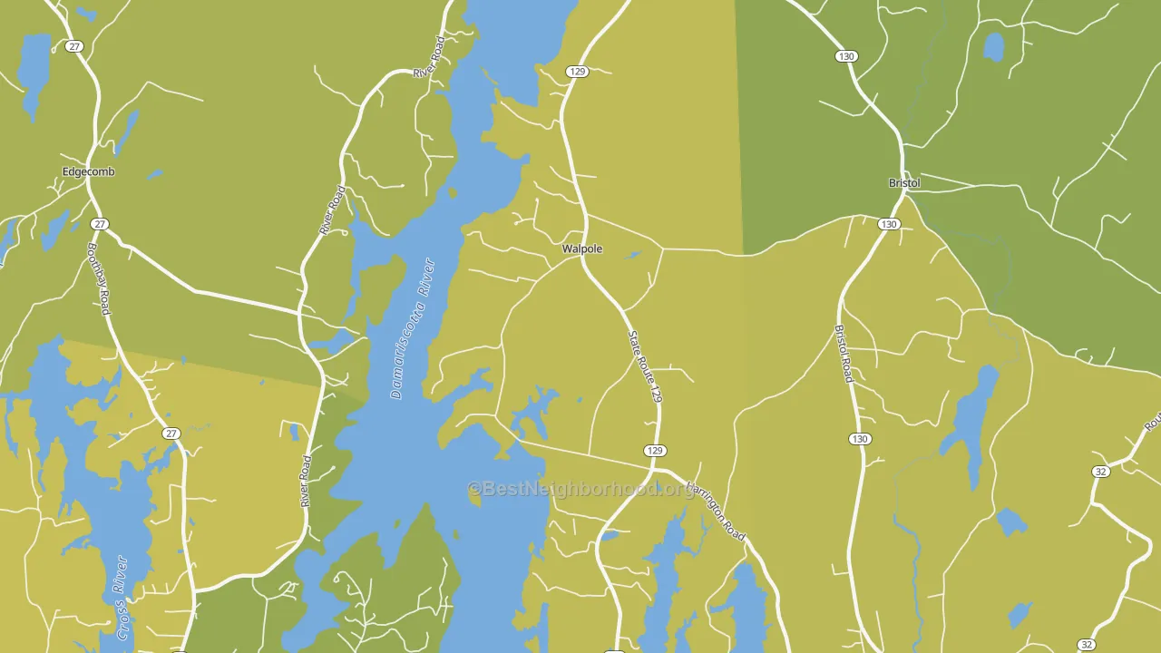 Map of the best neighborhoods in the Walpole area, with better matches in green and worse matches in red