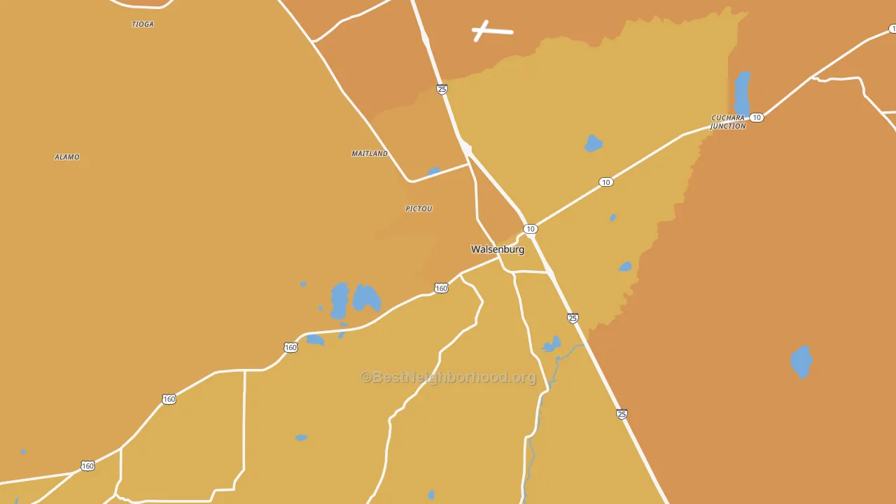 Map of the best neighborhoods in the Walsenburg area, with better matches in green and worse matches in red