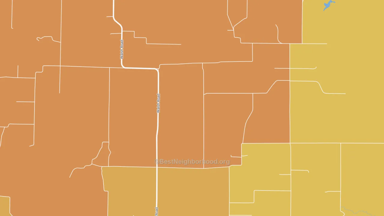 Map of the best neighborhoods in the Walsh area, with better matches in green and worse matches in red