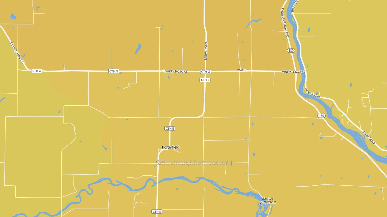 Map of the best neighborhoods in the Walsh area, with better matches in green and worse matches in red