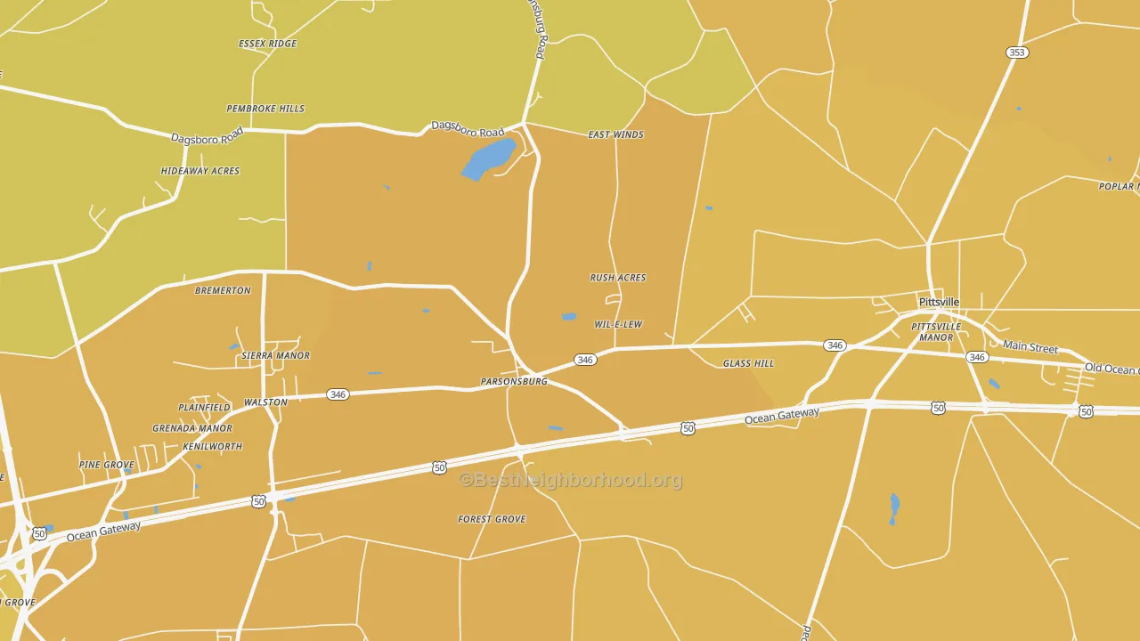 Map of the best neighborhoods in the Walston area, with better matches in green and worse matches in red