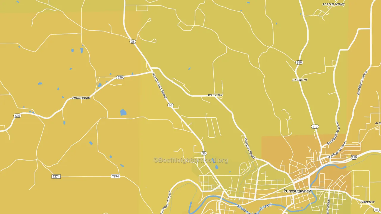 Map of the best neighborhoods in the Walston area, with better matches in green and worse matches in red