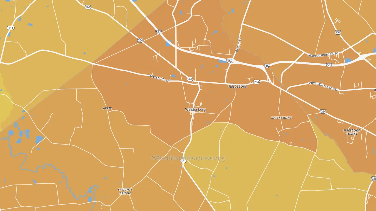 Map of the best neighborhoods in the Walstonburg area, with better matches in green and worse matches in red