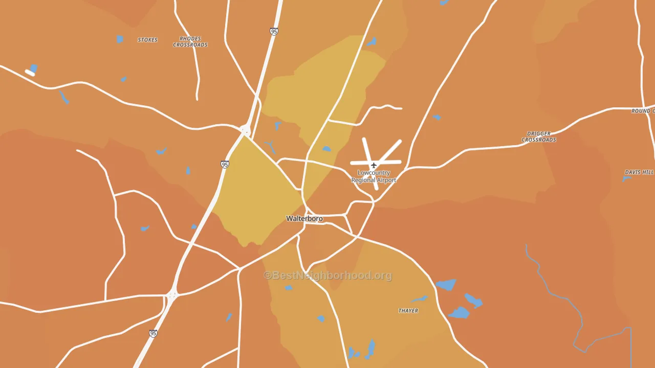 Map of the best neighborhoods in the Walterboro area, with better matches in green and worse matches in red