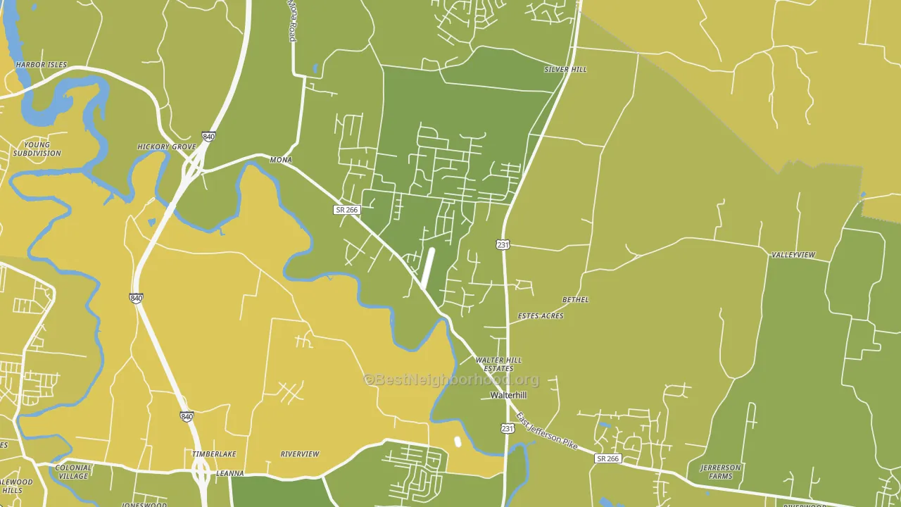 Map of the best neighborhoods in the Walterhill area, with better matches in green and worse matches in red