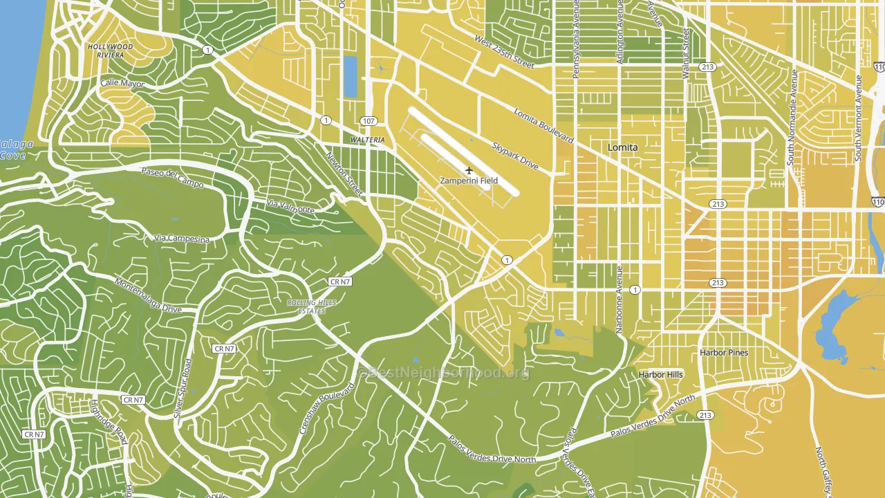 Map of the best neighborhoods in the Walteria, Torrance area, with better matches in green and worse matches in red