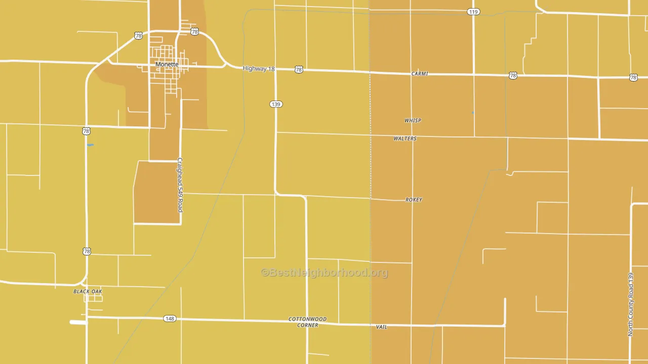 Map of the best neighborhoods in the Walters area, with better matches in green and worse matches in red