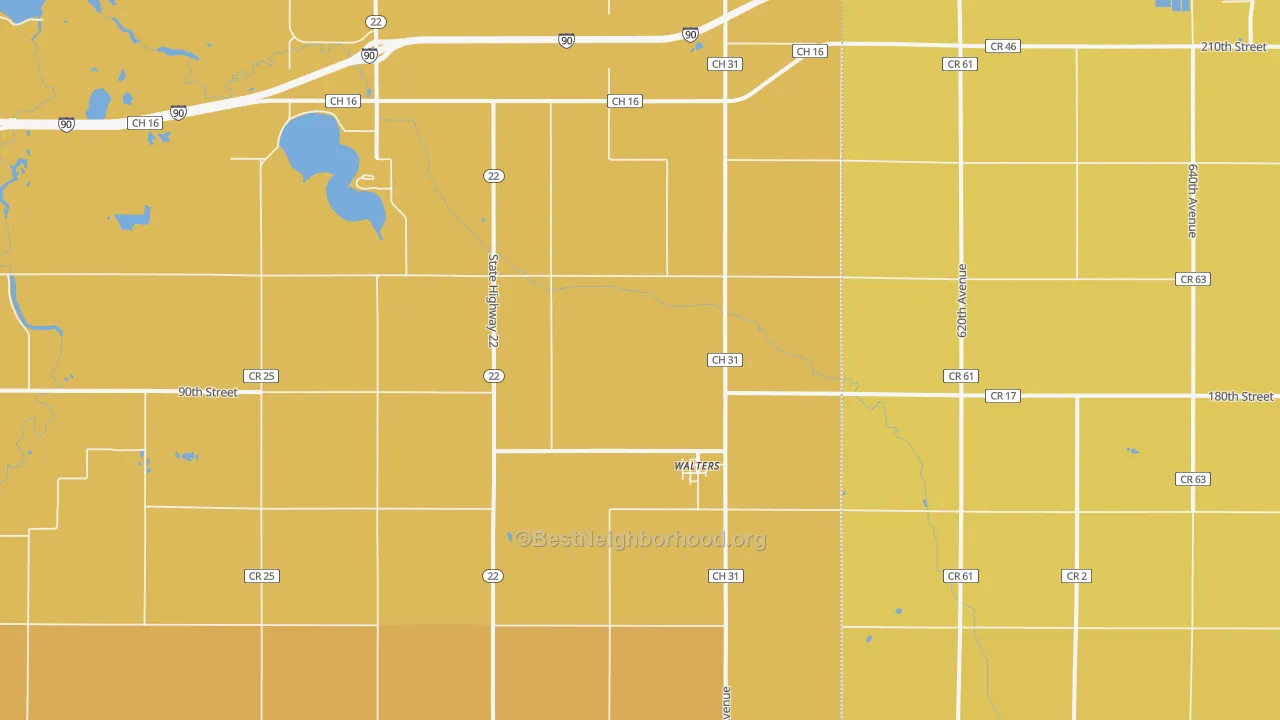 Map of the best neighborhoods in the Walters area, with better matches in green and worse matches in red