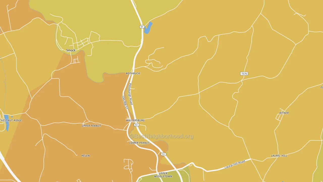Map of the best neighborhoods in the Waltersburg area, with better matches in green and worse matches in red