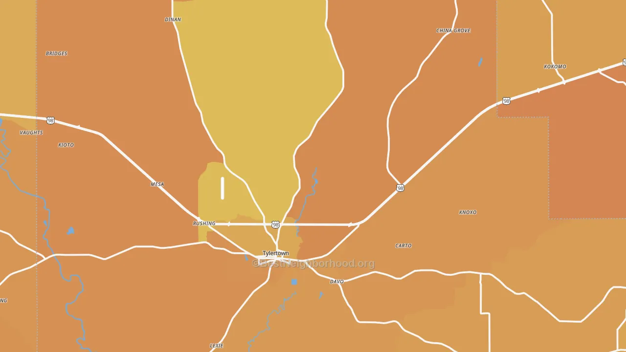 Map of the best neighborhoods in the Walthall County area, with better matches in green and worse matches in red