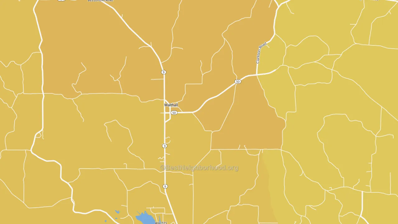 Map of the best neighborhoods in the Walthall area, with better matches in green and worse matches in red