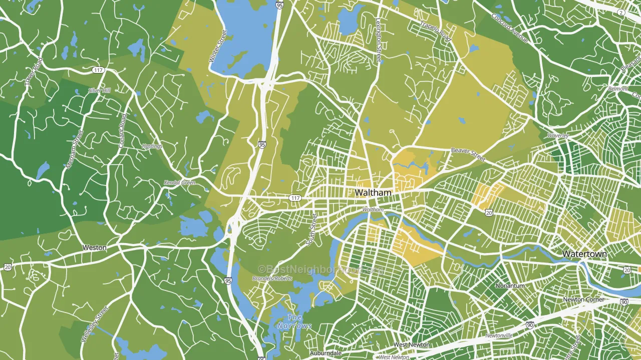 Map of the best neighborhoods in the Waltham Highlands, Waltham area, with better matches in green and worse matches in red