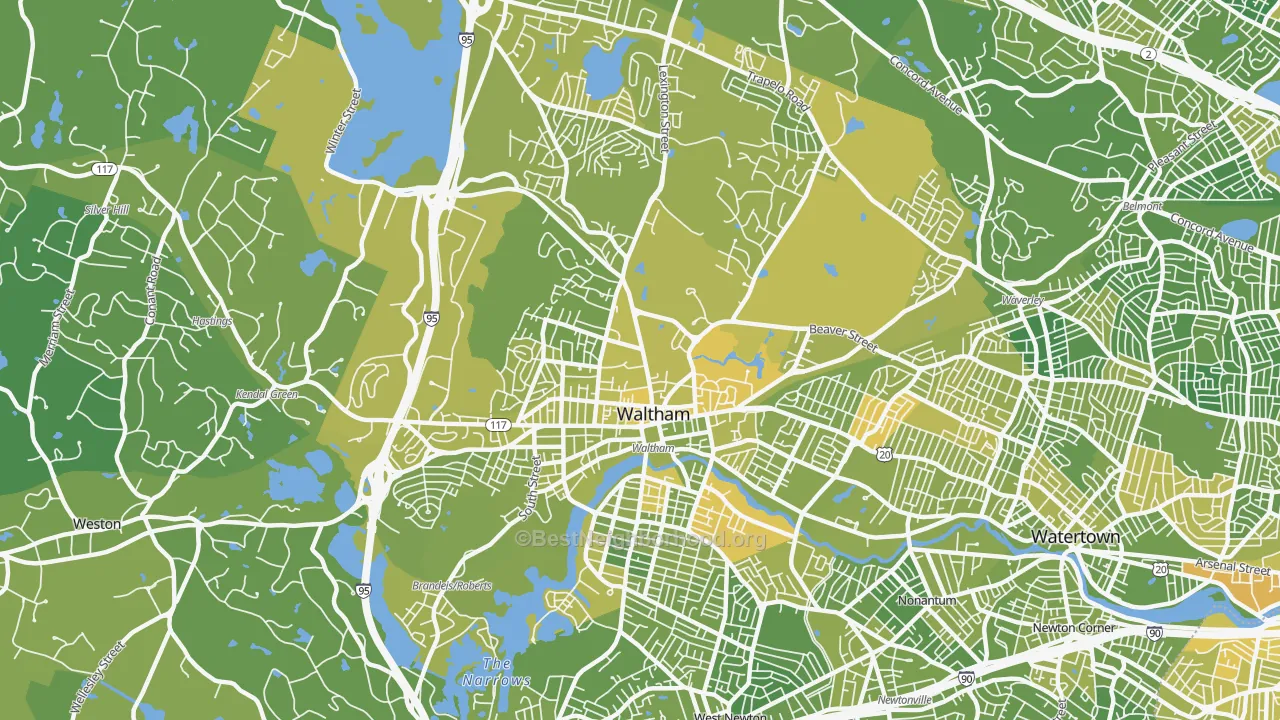 Map of the best neighborhoods in the Waltham area, with better matches in green and worse matches in red