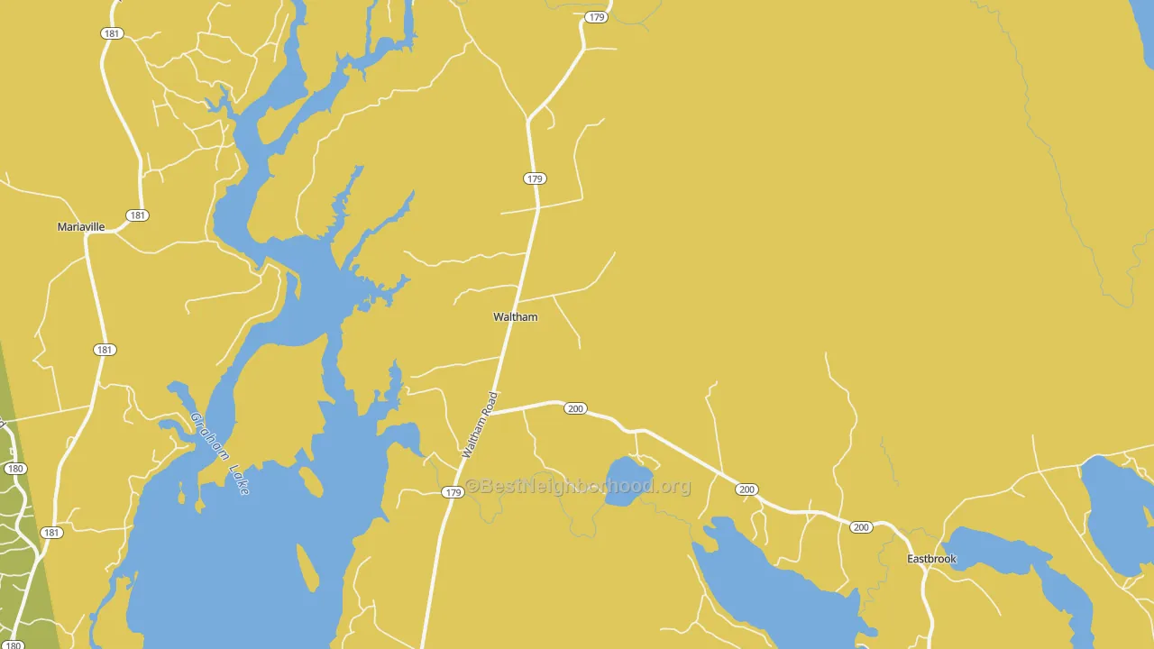 Map of the best neighborhoods in the Waltham area, with better matches in green and worse matches in red