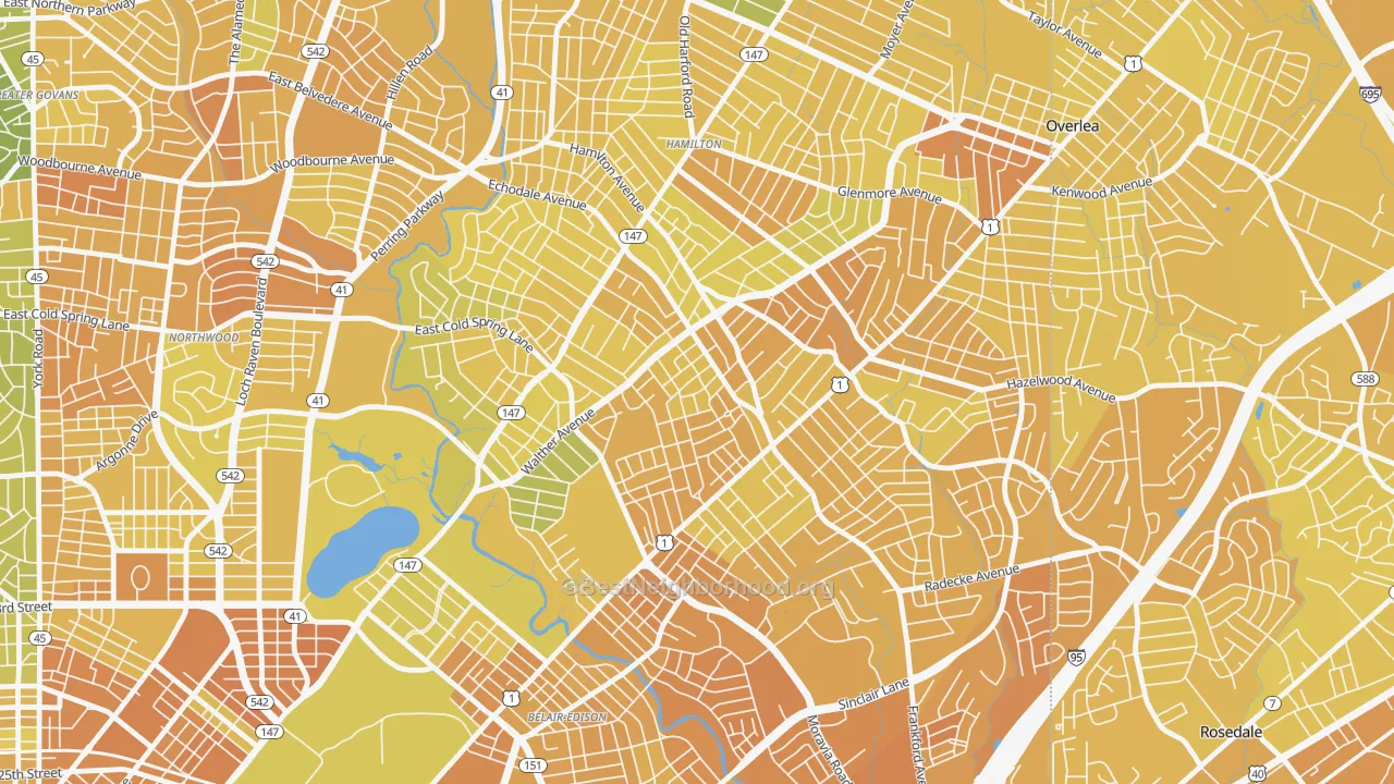 Map of the best neighborhoods in the Waltherson, Baltimore area, with better matches in green and worse matches in red