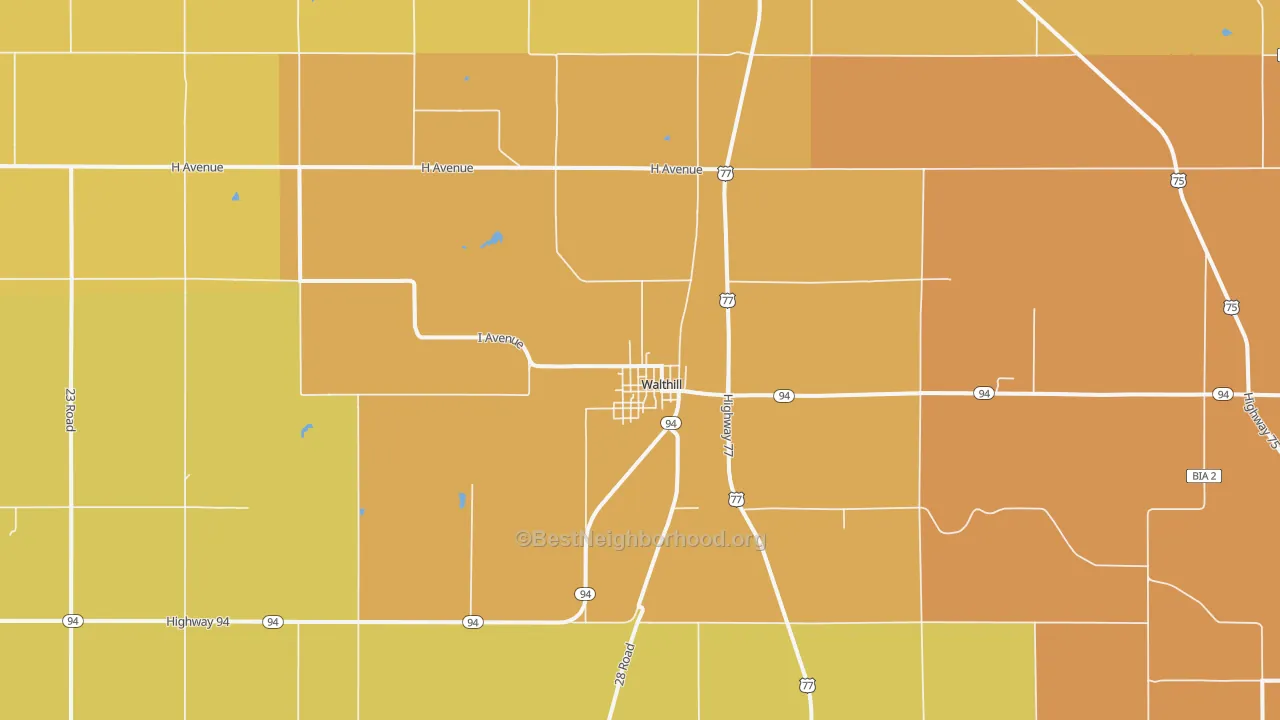 Map of the best neighborhoods in the Walthill area, with better matches in green and worse matches in red