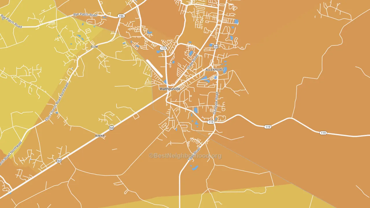 Map of the best neighborhoods in the Walthourville area, with better matches in green and worse matches in red