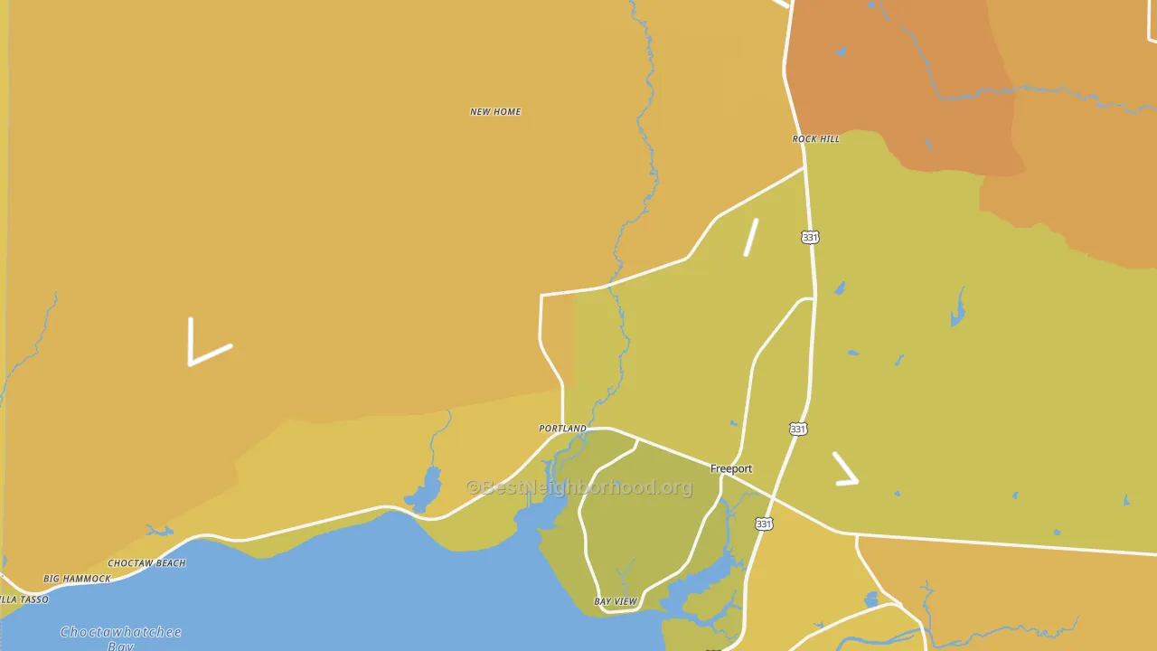 Map of the best neighborhoods in the Walton County area, with better matches in green and worse matches in red