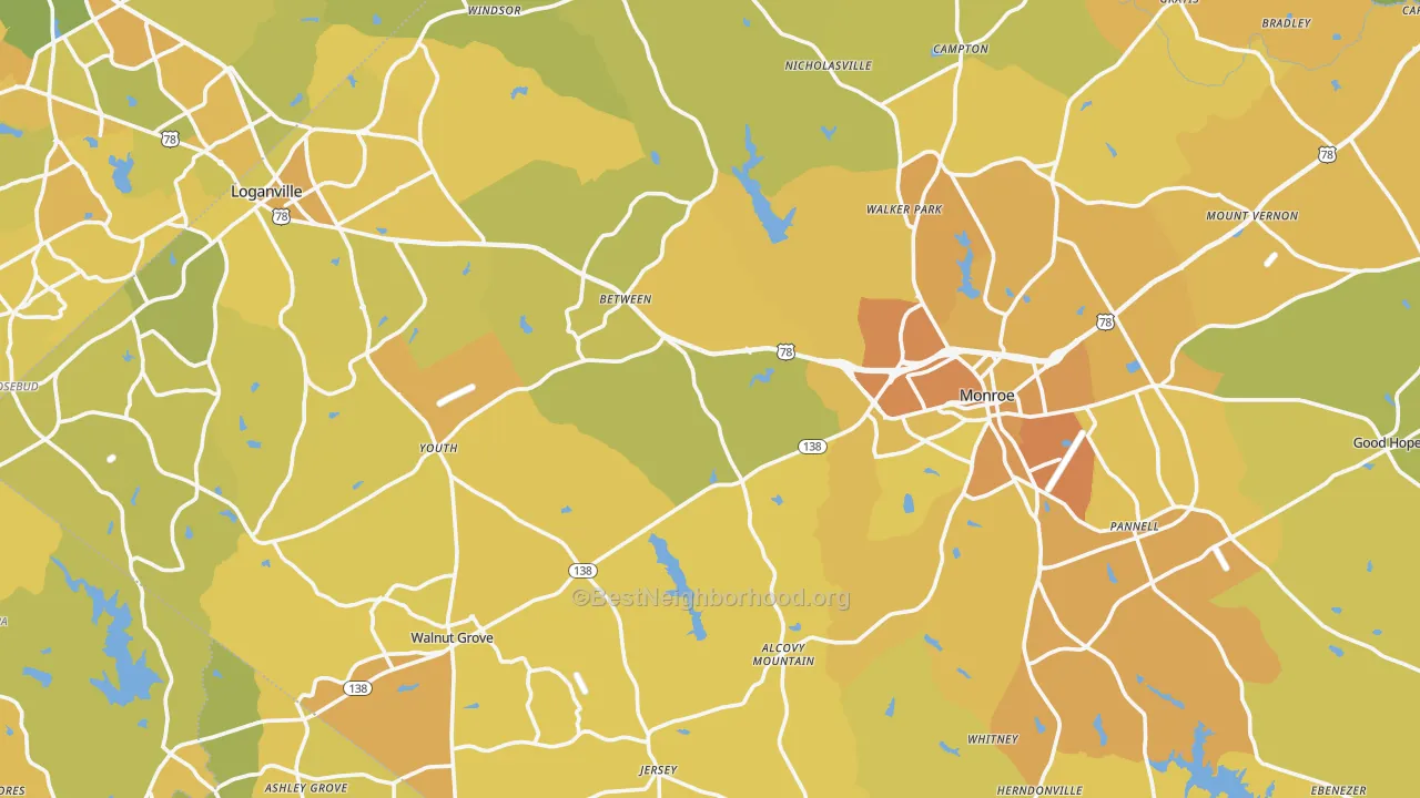 Map of the best neighborhoods in the Walton County area, with better matches in green and worse matches in red