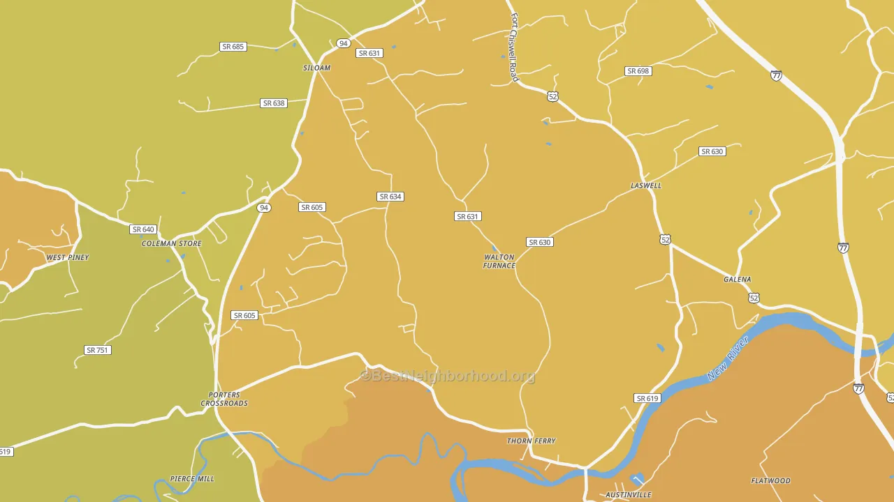 Map of the best neighborhoods in the Walton Furnace area, with better matches in green and worse matches in red