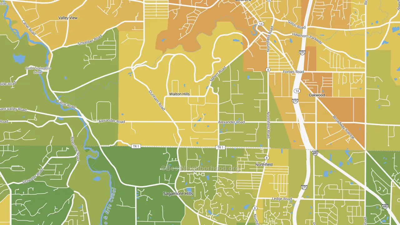 Map of the best neighborhoods in the Walton Hills area, with better matches in green and worse matches in red