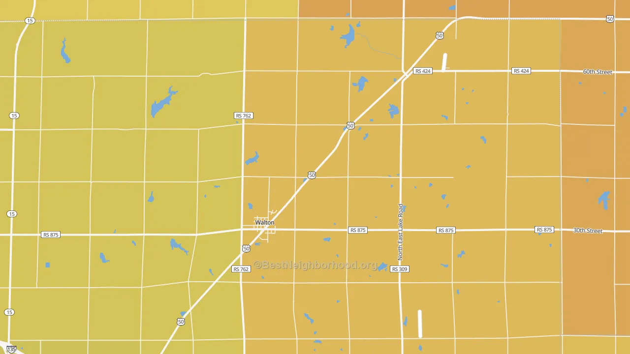Map of the best neighborhoods in the Walton area, with better matches in green and worse matches in red