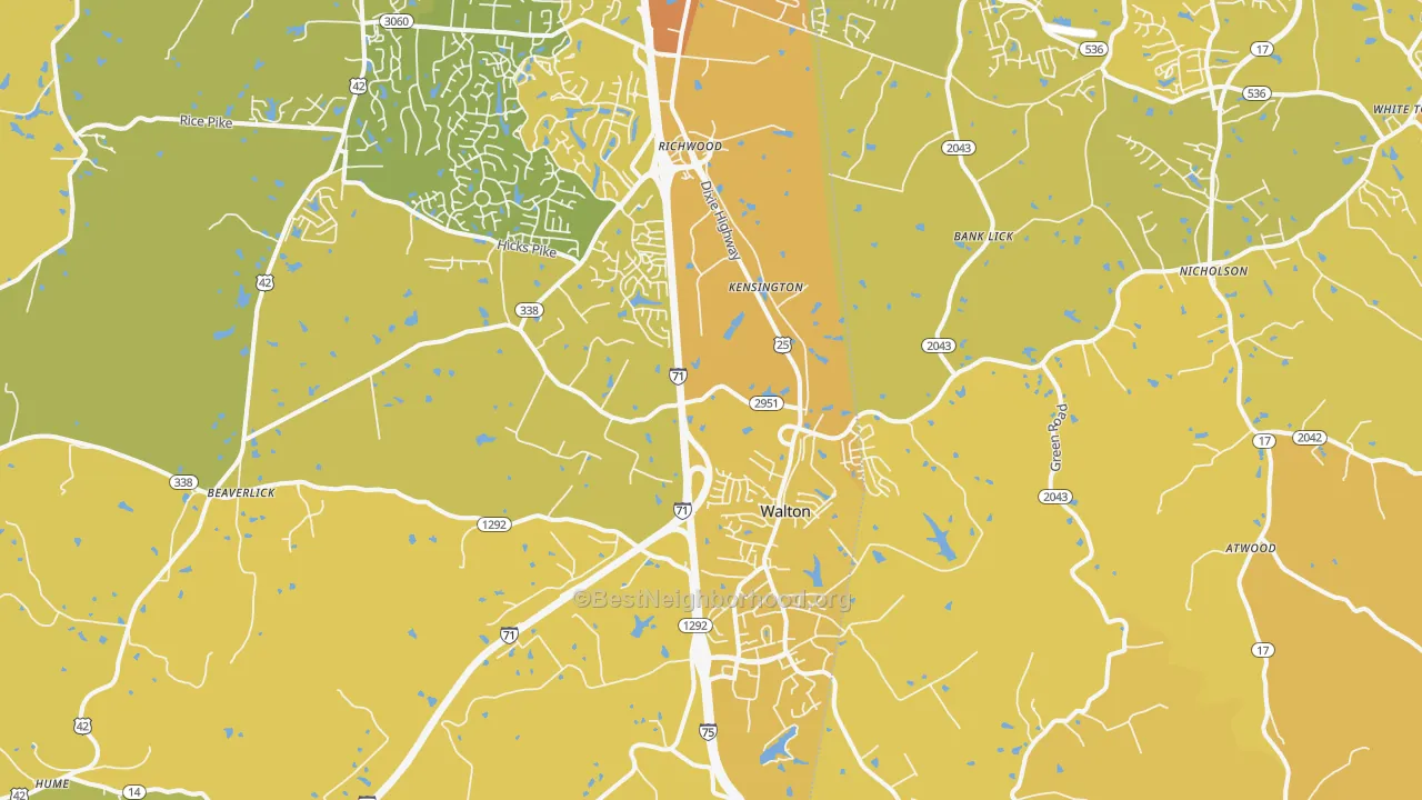 Map of the best neighborhoods in the Walton area, with better matches in green and worse matches in red