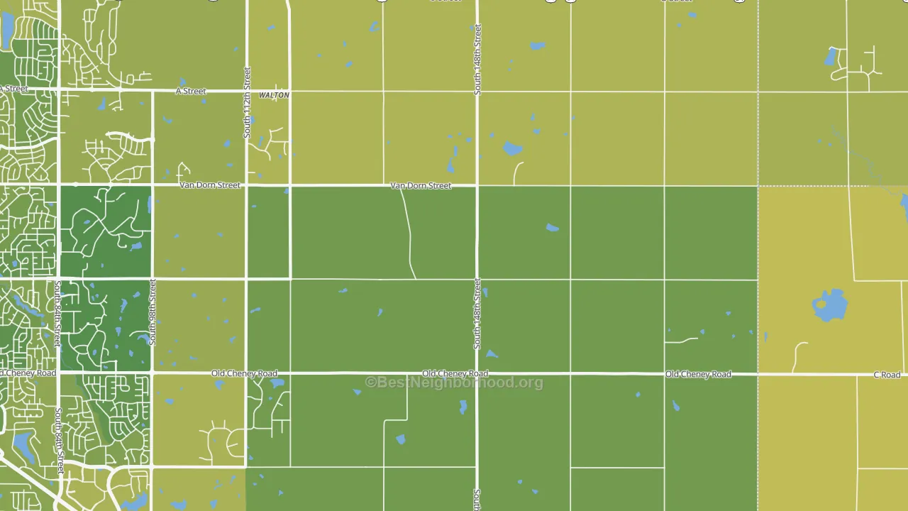 Map of the best neighborhoods in the Walton area, with better matches in green and worse matches in red