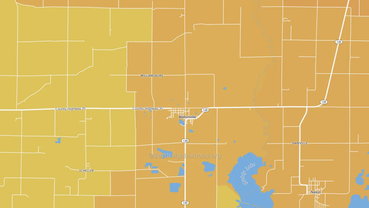 Map of the best neighborhoods in the Waltonville area, with better matches in green and worse matches in red