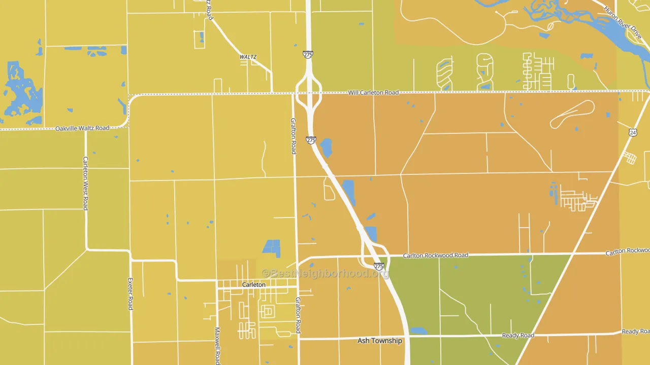 Map of the best neighborhoods in the Waltz area, with better matches in green and worse matches in red