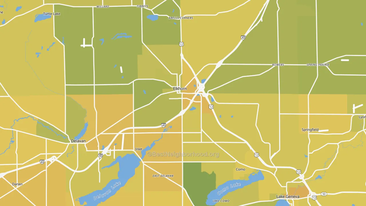 Map of the best neighborhoods in the Walworth County area, with better matches in green and worse matches in red