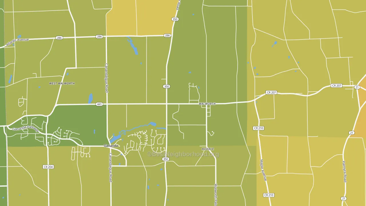 Map of the best neighborhoods in the Walworth area, with better matches in green and worse matches in red
