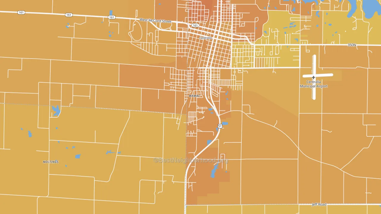 Map of the best neighborhoods in the Wamac area, with better matches in green and worse matches in red
