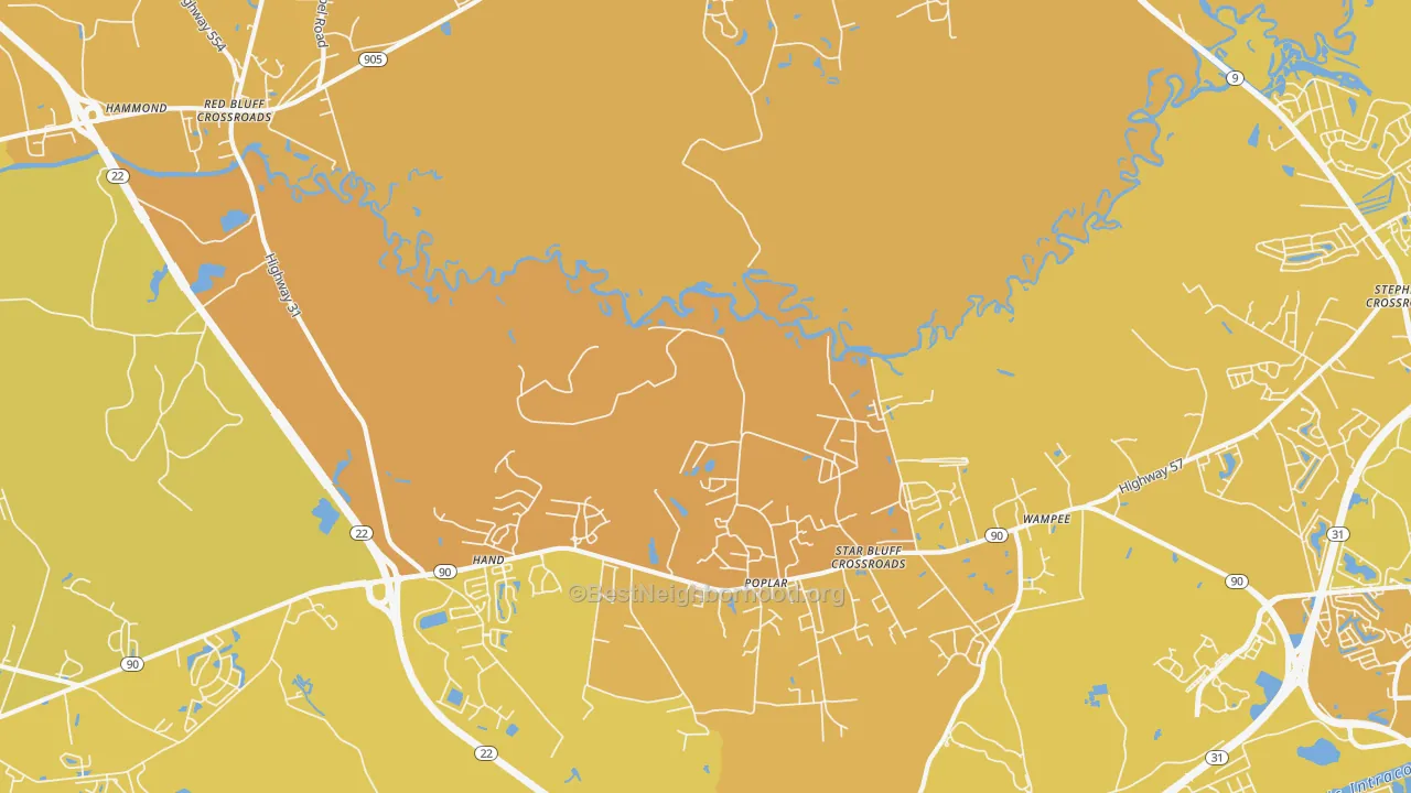 Map of the best neighborhoods in the Wampee area, with better matches in green and worse matches in red