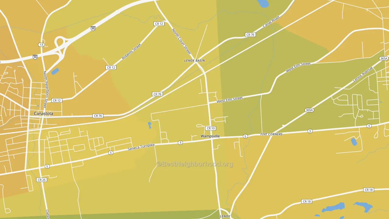 Map of the best neighborhoods in the Wampsville area, with better matches in green and worse matches in red