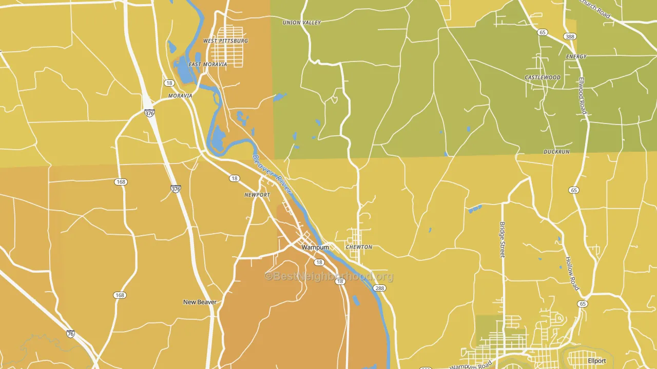 Map of the best neighborhoods in the Wampum area, with better matches in green and worse matches in red