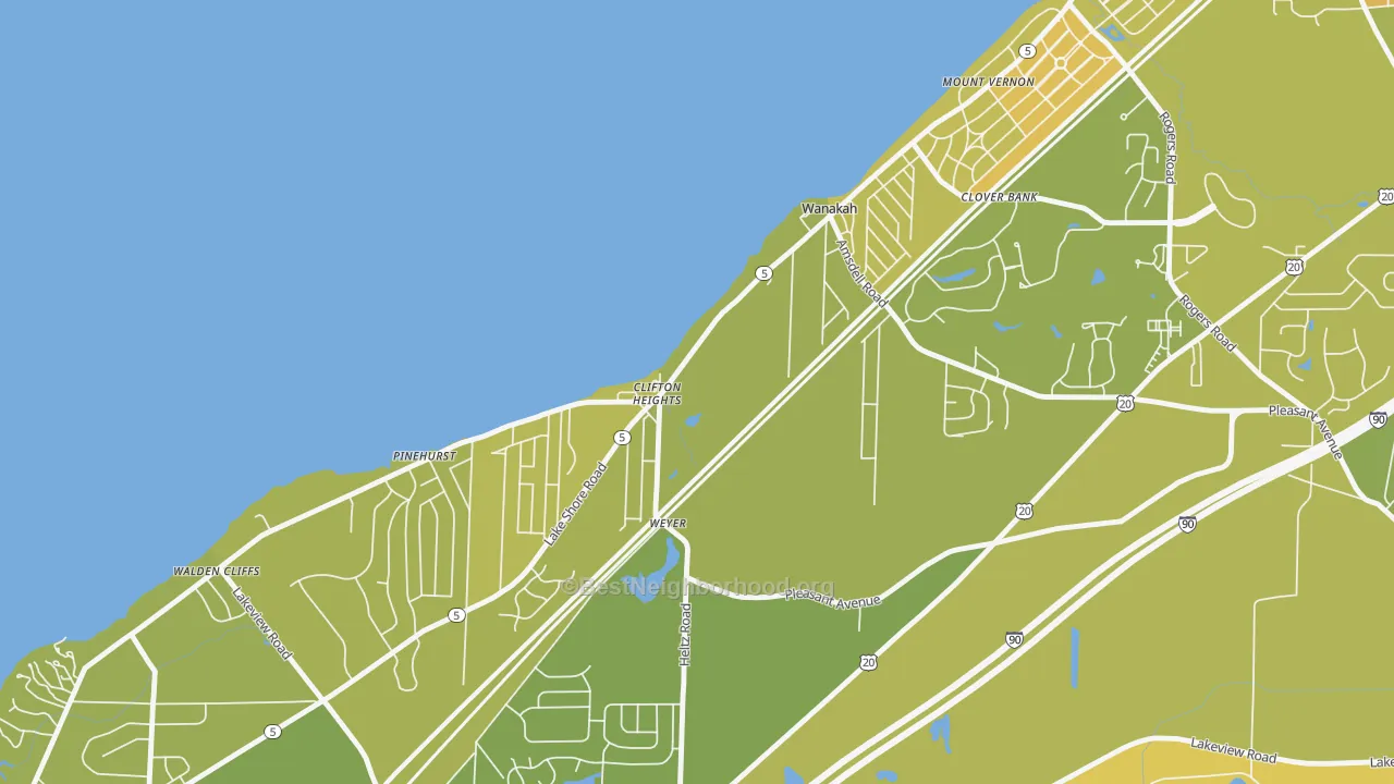 Map of the best neighborhoods in the Wanakah area, with better matches in green and worse matches in red