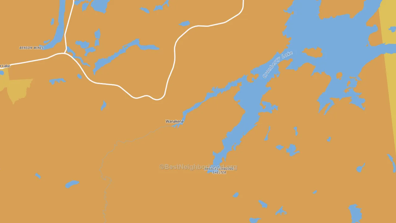 Map of the best neighborhoods in the Wanakena area, with better matches in green and worse matches in red