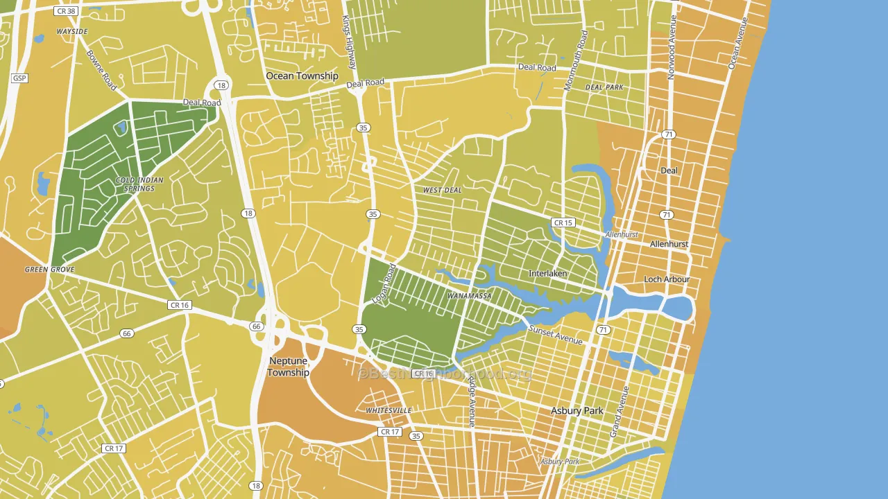 Map of the best neighborhoods in the Wanamassa area, with better matches in green and worse matches in red