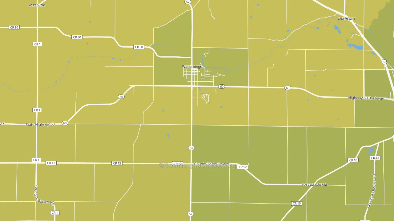Map of the best neighborhoods in the Wanamingo area, with better matches in green and worse matches in red
