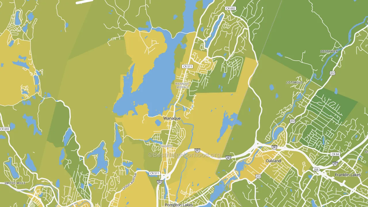 Map of the best neighborhoods in the Wanaque area, with better matches in green and worse matches in red