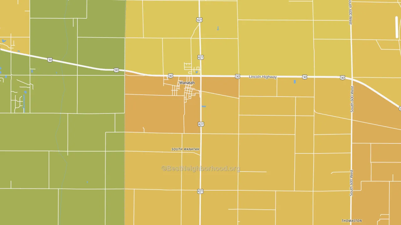 Map of the best neighborhoods in the Wanatah area, with better matches in green and worse matches in red
